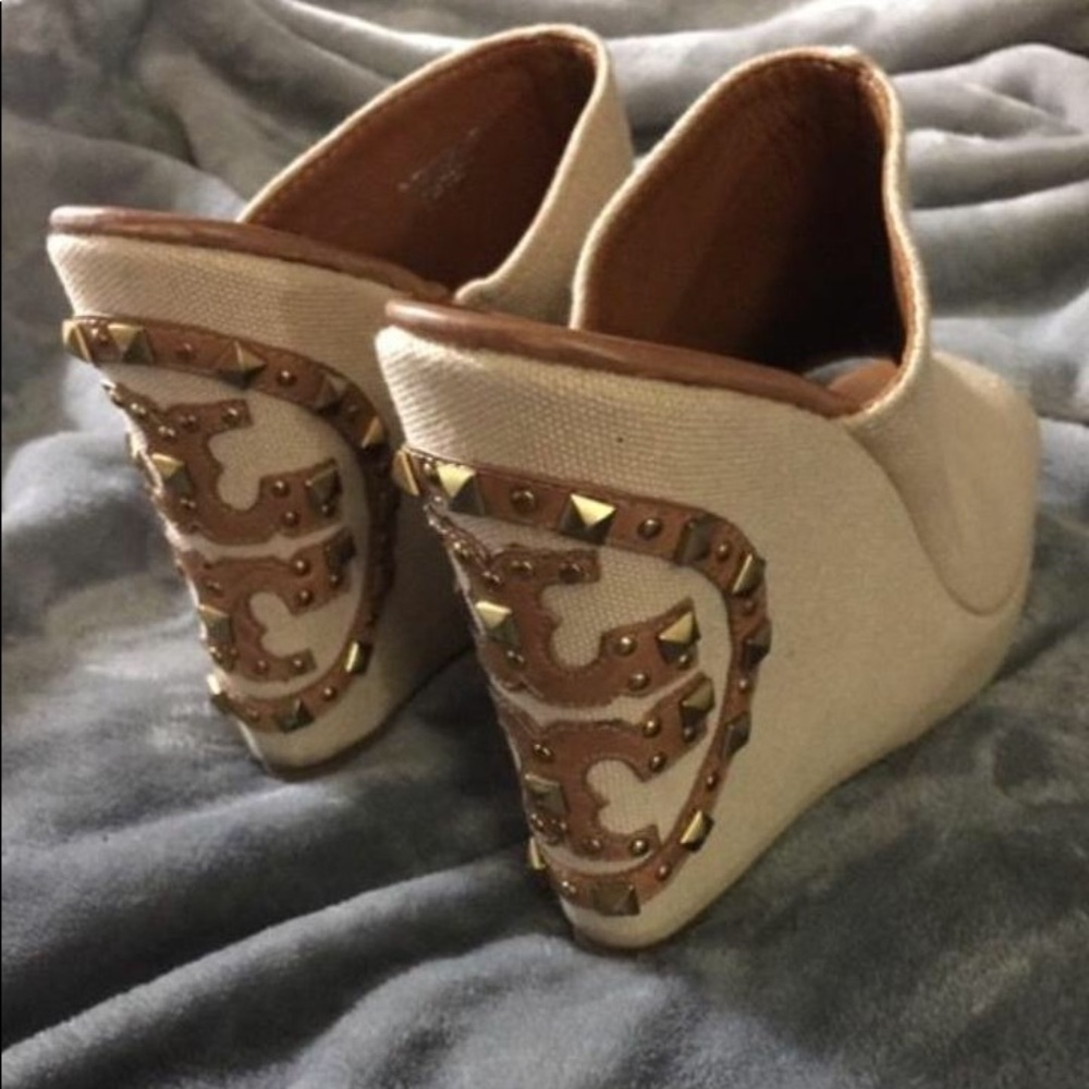 Tory Burch Natural Meredith Canvas Wedge Slides